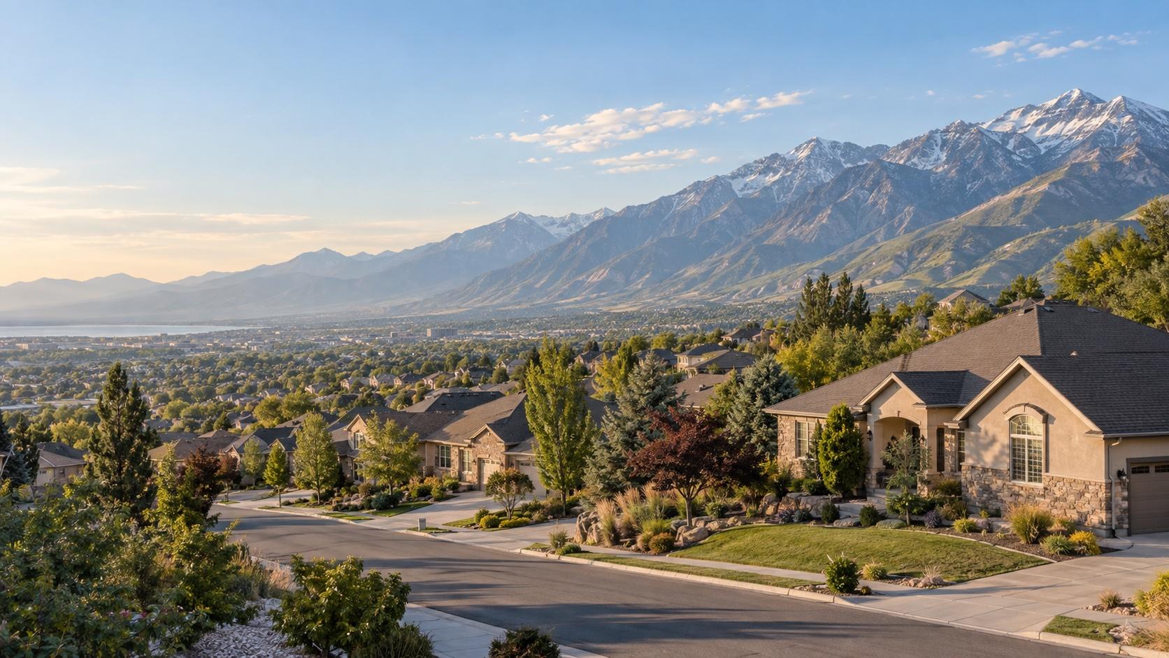 Aerial view of a Utah residential neighborhood with mountains in the background