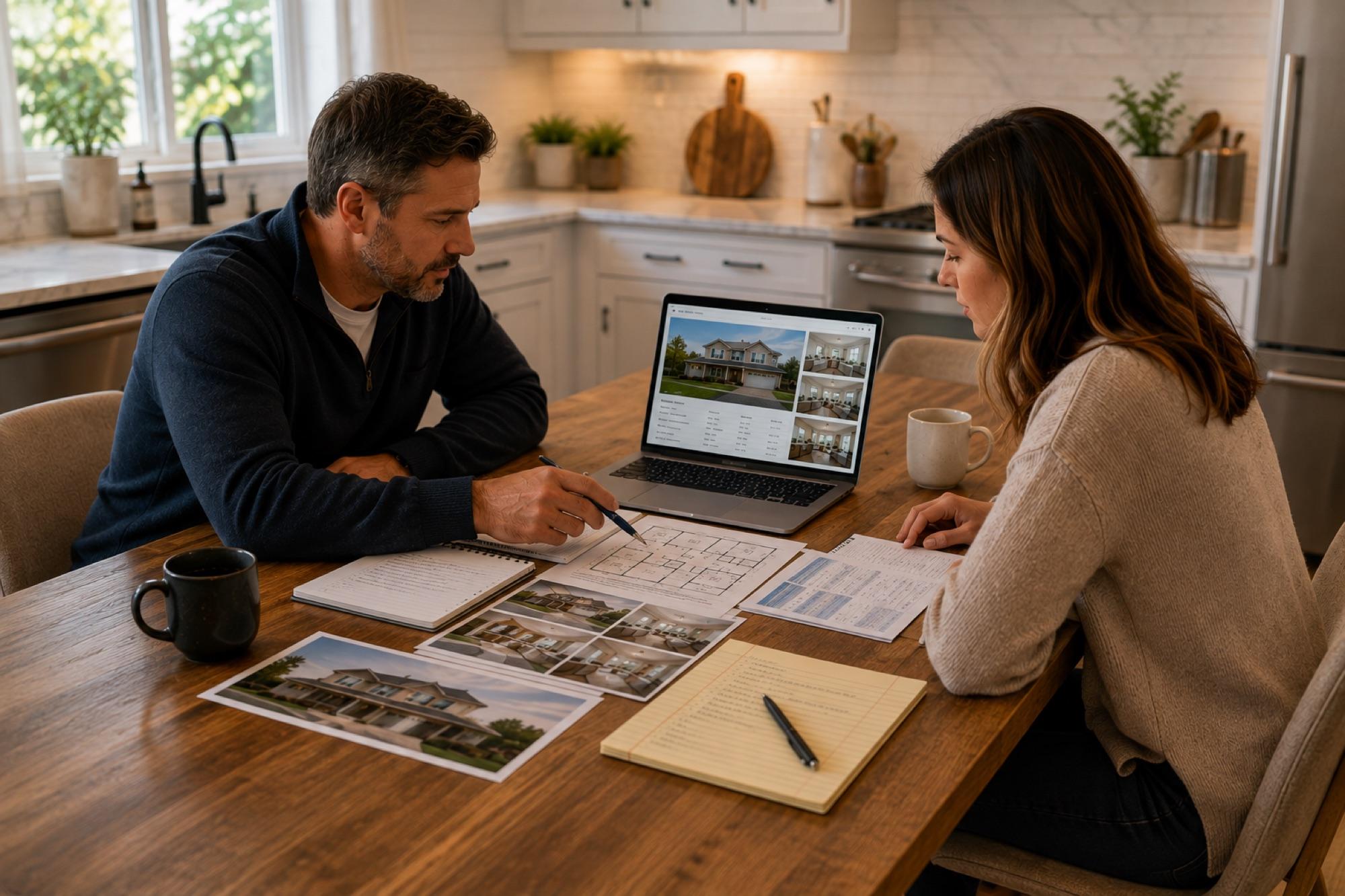 A homeowner and a real estate agent reviewing property listing information together at a kitchen table