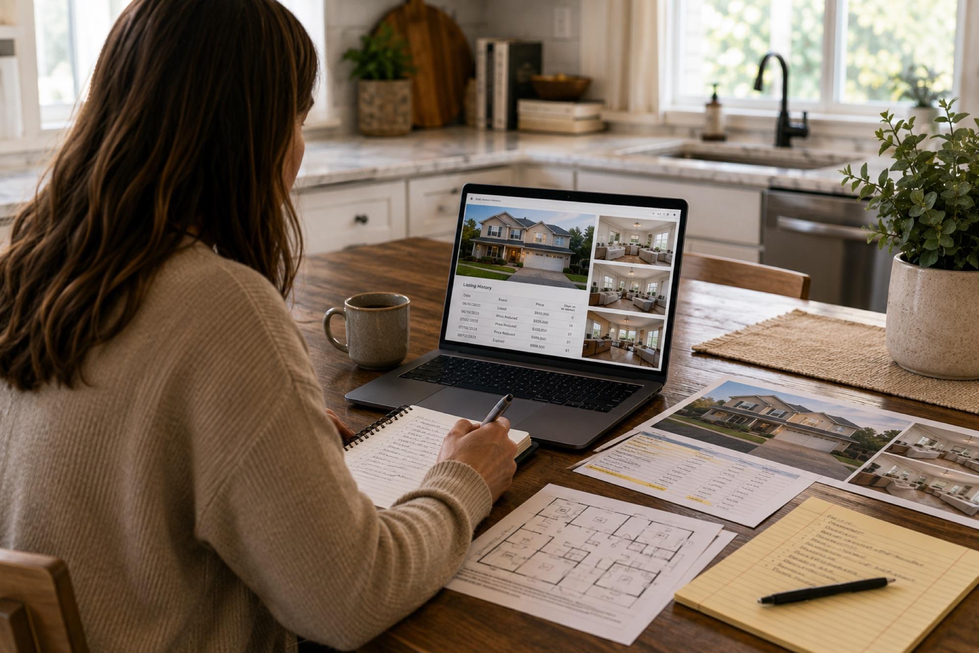 A homeowner reviewing property listing photos and history on a laptop at a kitchen table, with printed materials and notes nearby
