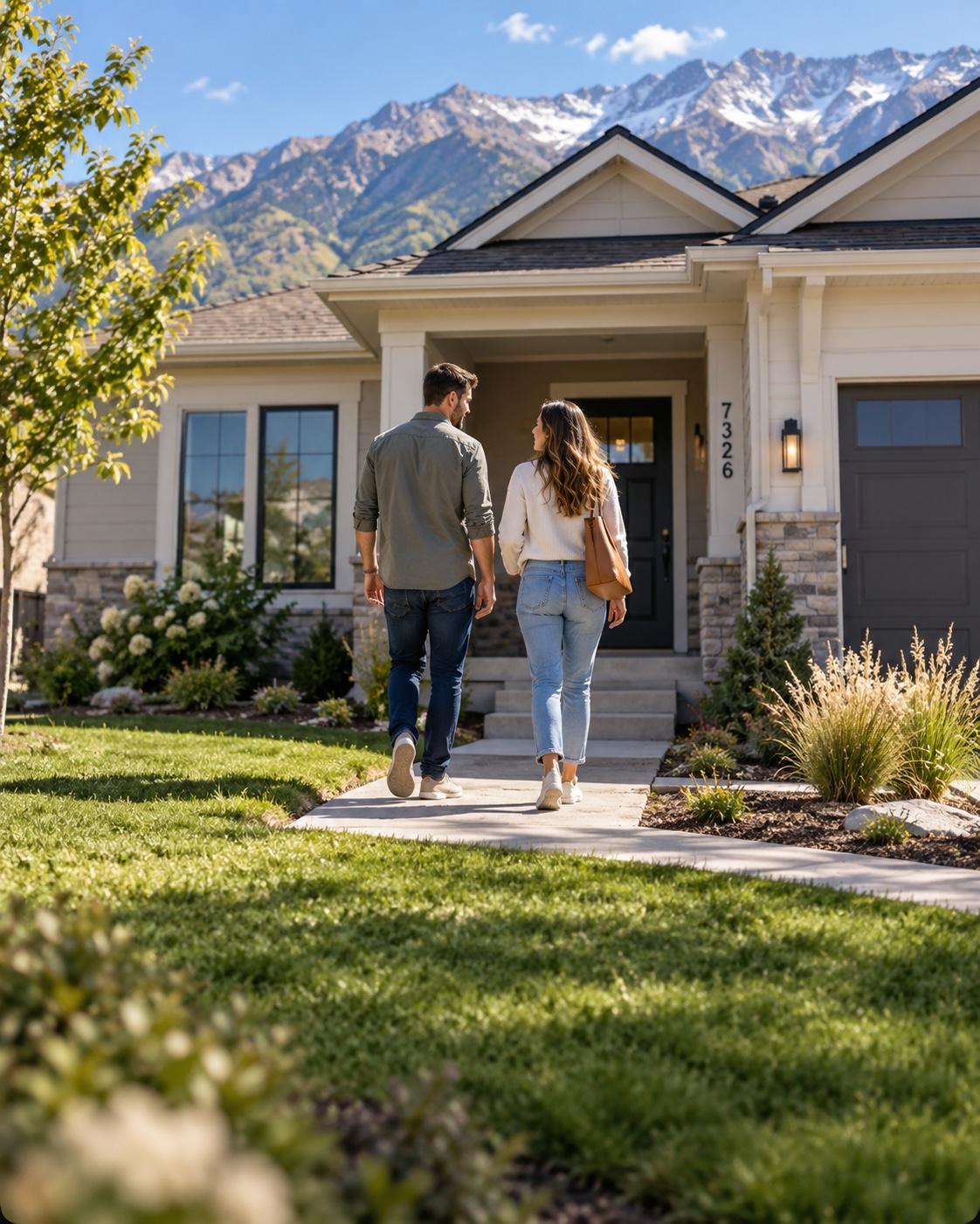 A couple walking up to a single-family home with mountains in the background