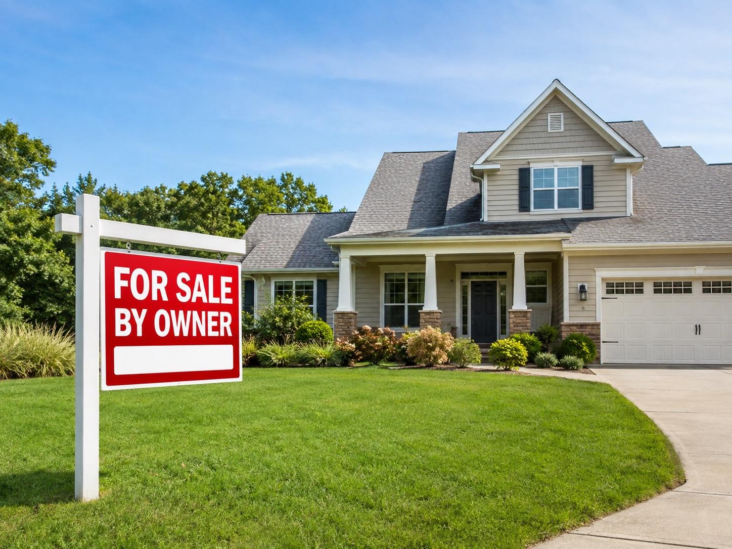 Home with a For Sale By Owner sign in the front yard