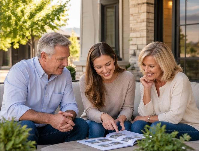Three family members sitting together reviewing a photo book