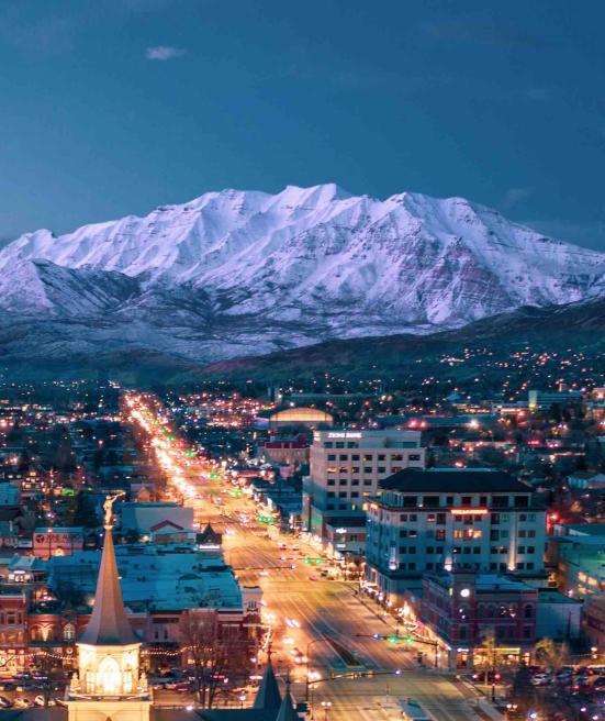 Provo, Utah at dusk with Y Mountain in the background