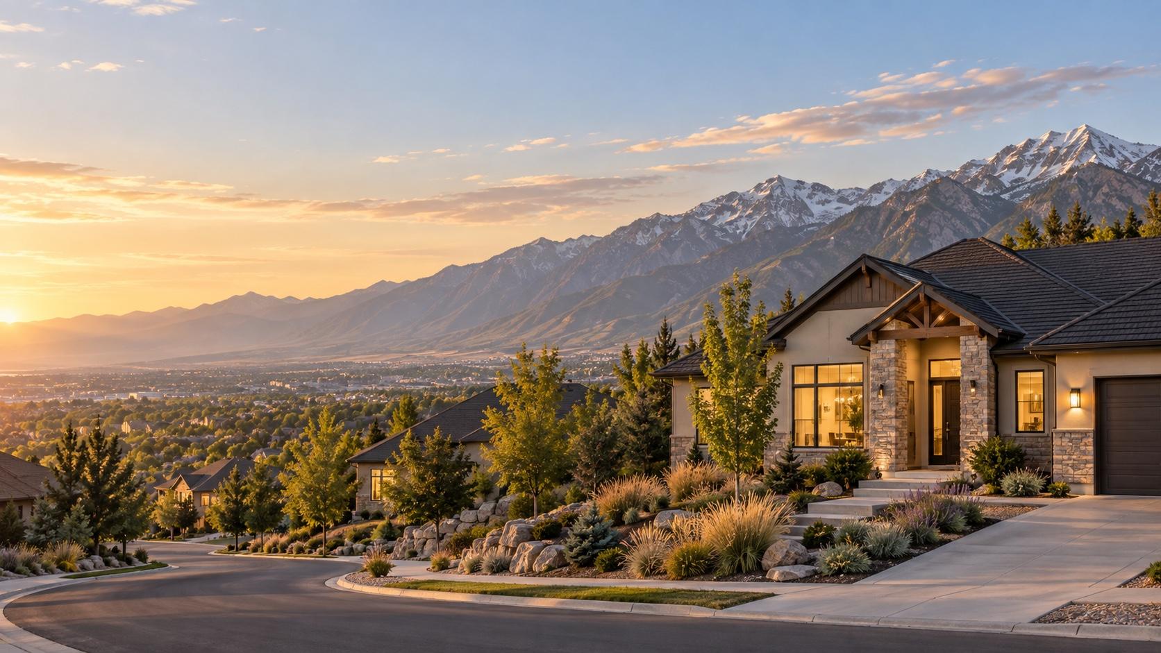 A Utah residence at golden hour with mountains and the valley in the background
